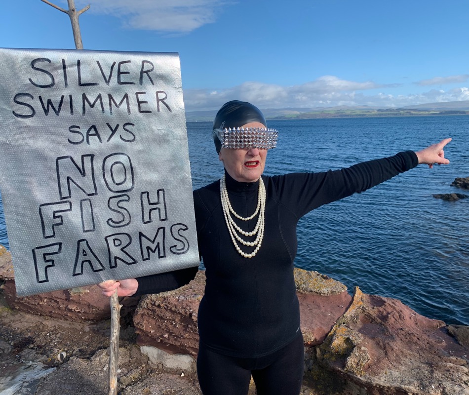 'Silver Swimmer V Fish Farms’. 2021. Documentation Of Performance, Kilchattan Bay, Kate Clayton. Credit Duncan Mclaren.