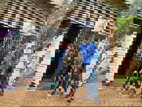 Administrator Claire Nalukenge, Deirdre MacKenna, Kate Cowcher and Angelo Kakande at 'My Heritage Art ExhibitionA celebration of Leonard W. Kateete's artistic journey over 50 years', on display at Makerere Art Gallery Institute of Heritage, 2024