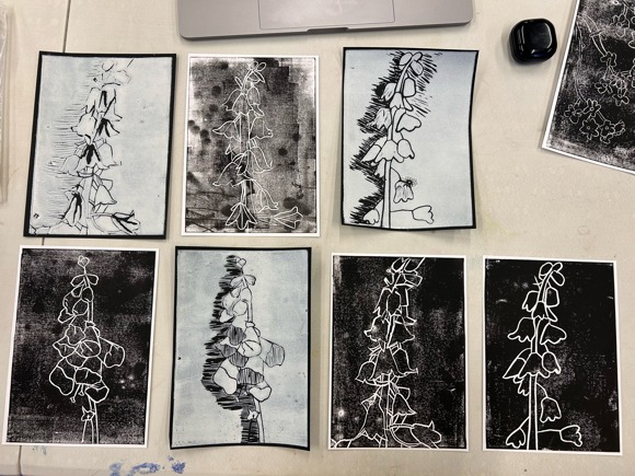 Lino prints by third year students at Dunoon Grammar School, inspired by “June Hedgerow” Caroline Hemming, Credit CHARTS